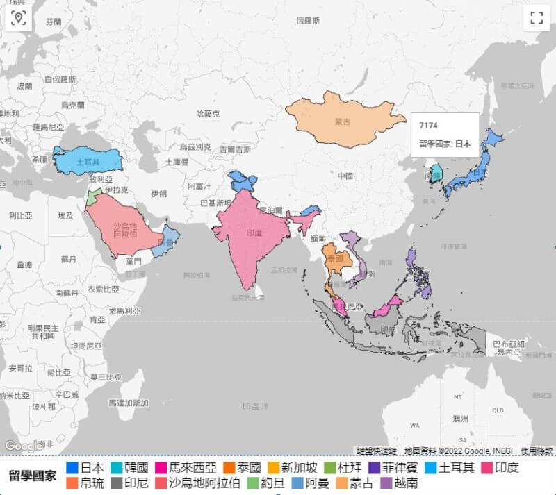 2021年台灣留學亞洲國家的人數