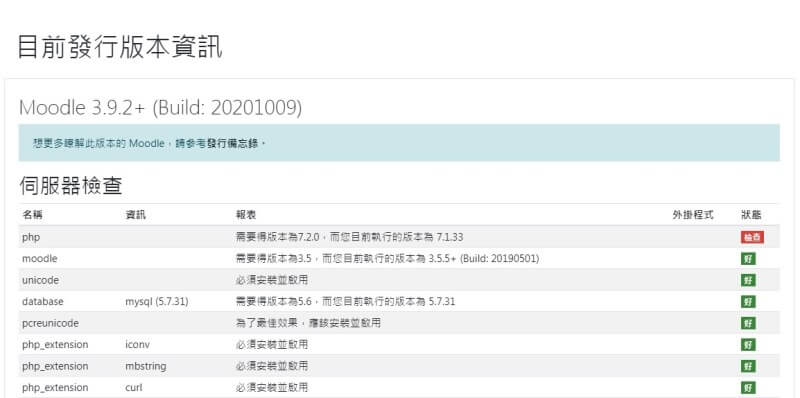 moodle網站升級中檢查php還有問題