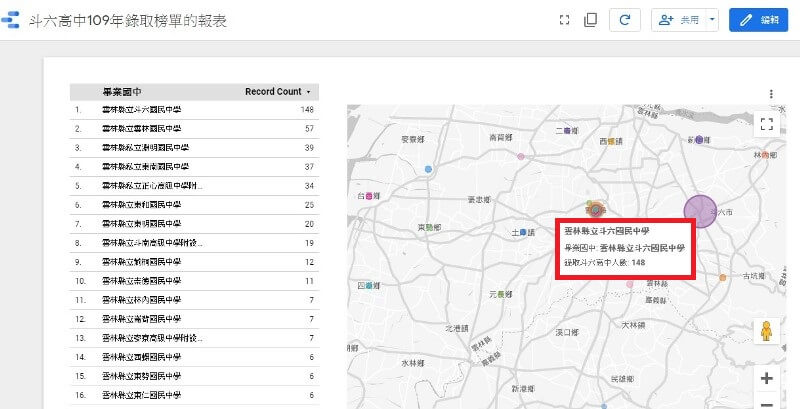 gds上的地圖顯示地區國中與錄取人數
